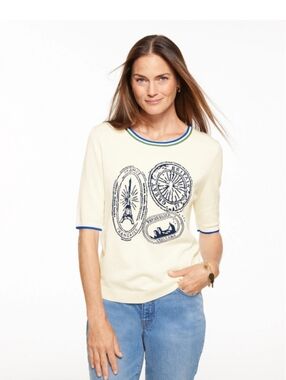 Talbots Cream Crewneck Sweater with Navy Graphic